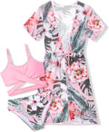 Girls Swimsuit 3 Piece Tropical Print Bikini Set with Cover Up