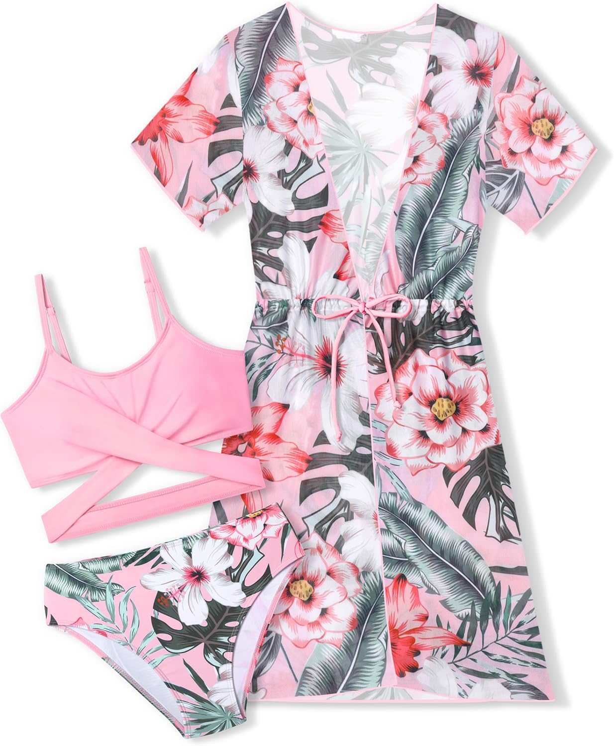Girls Swimsuit 3 Piece Tropical Print Bikini Set for Summer Fun