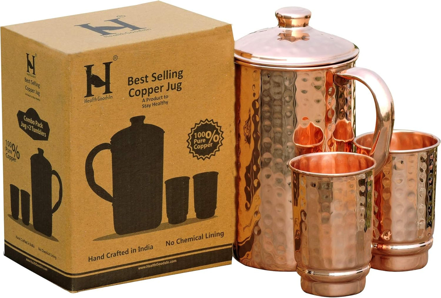 Pure Copper Hammered Water Jug with Tumblers for Health Benefits