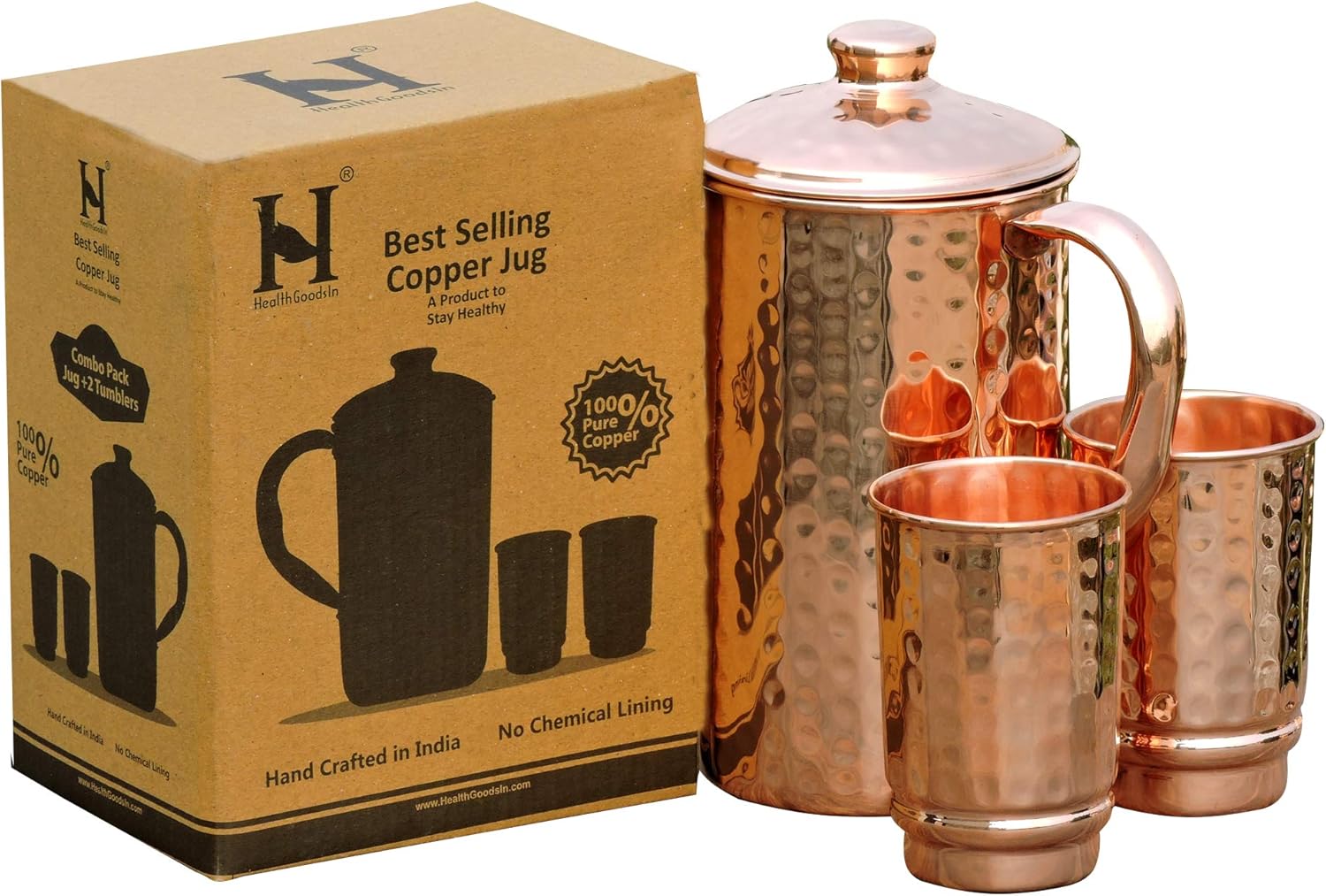 Pure Copper Hammered Water Jug with Tumblers for Health Benefits