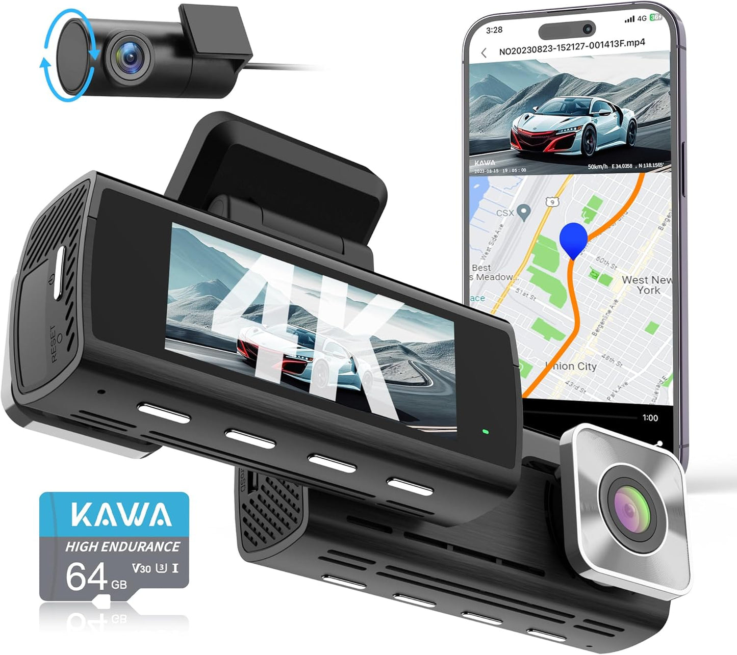KAWA 4K Dash Cam Front Rear with Night Vision