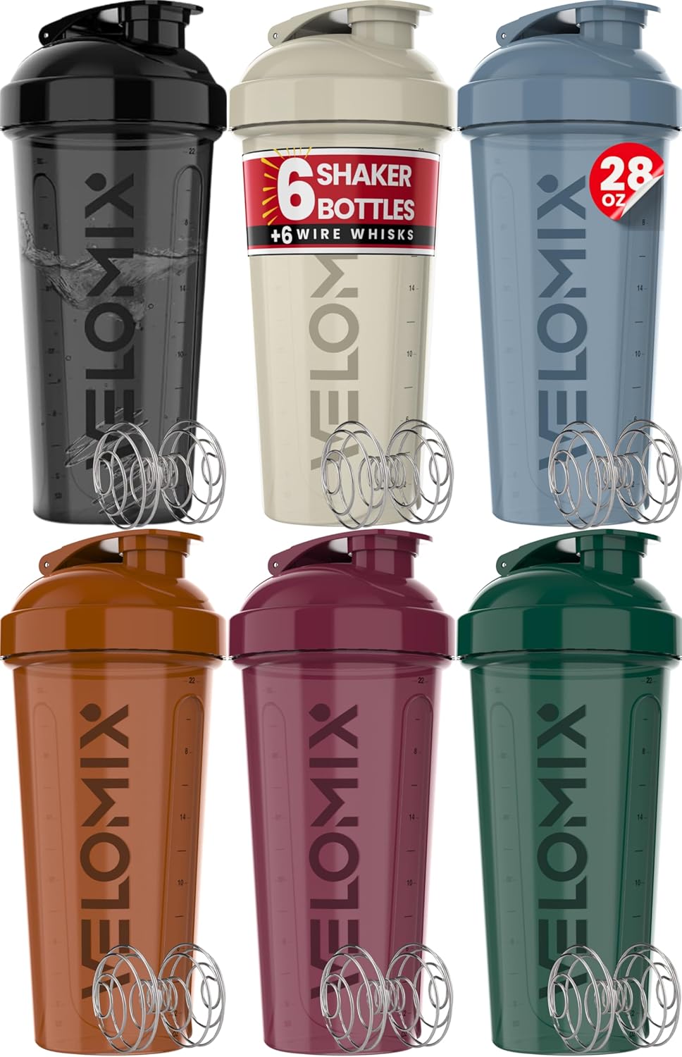 VELOMIX Protein Shaker Cups - 6x Leak Proof 28oz Whisks
