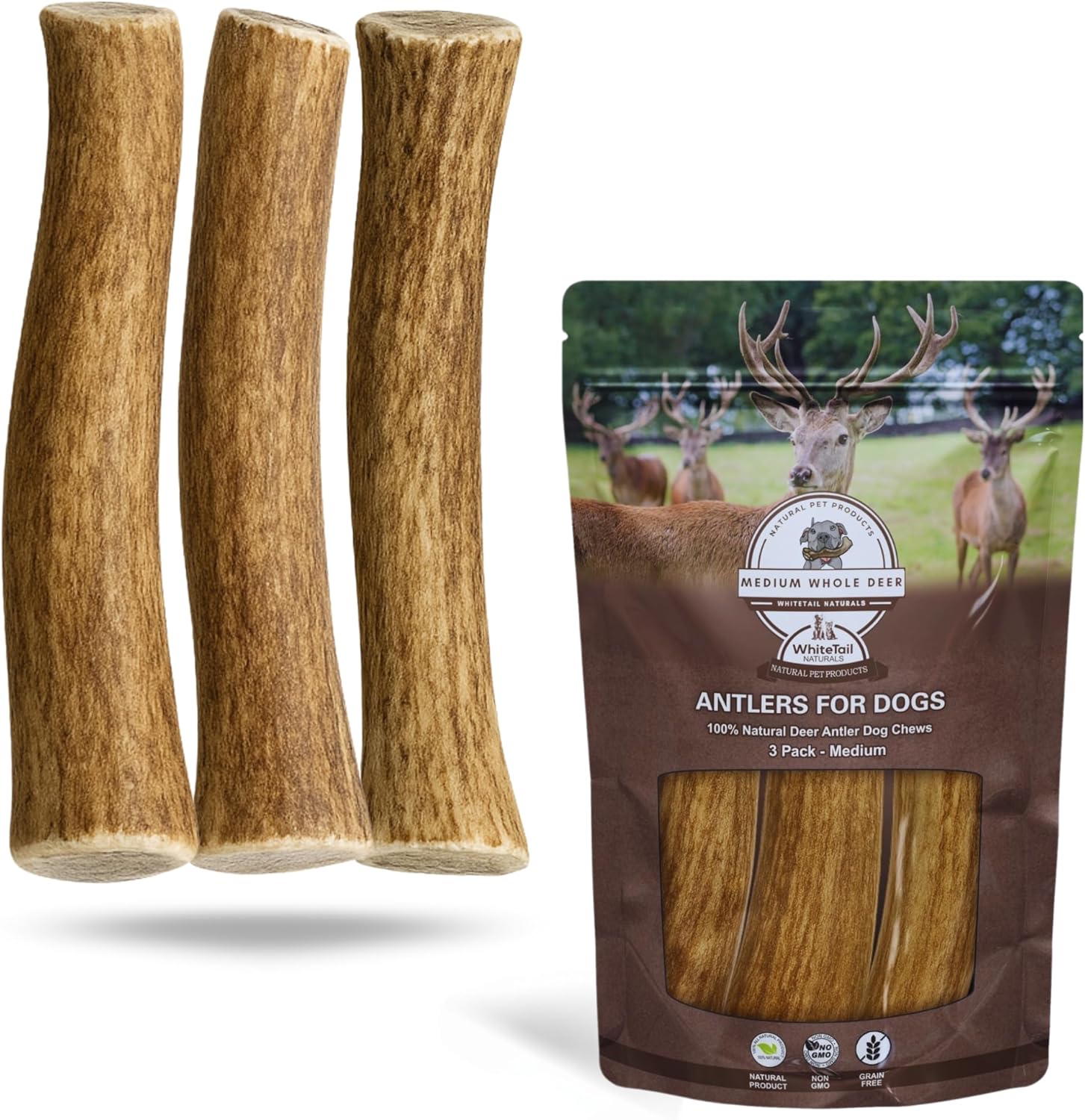 Whitetail Naturals Medium Deer Antler Dog Chews - 3 Pack