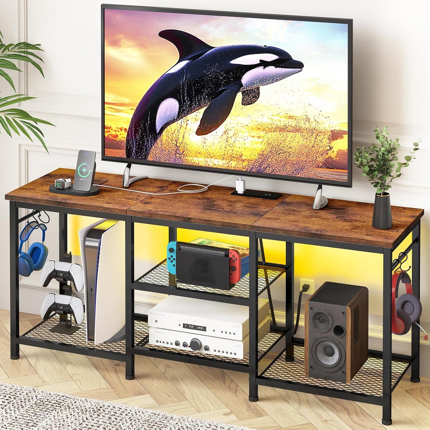 55 TV Stand with Charging Station & Lights