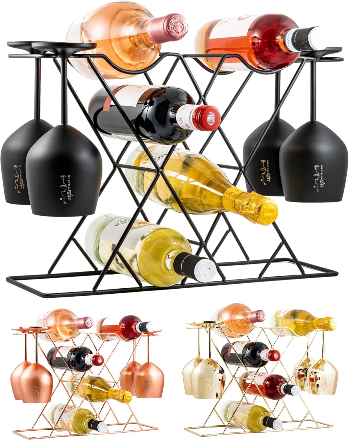 Stylish Countertop Wine Rack for 8 Bottles & 4 Glasses
