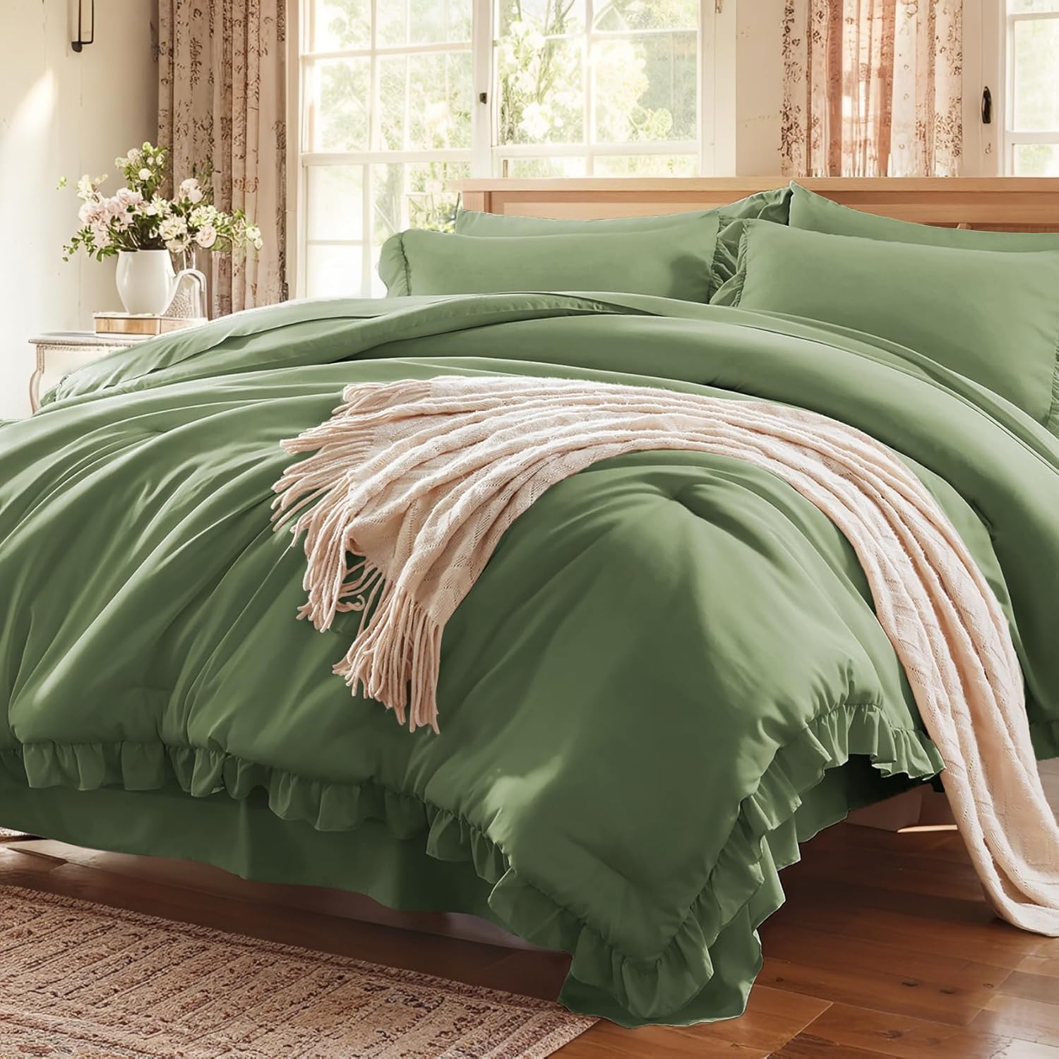 Queen Comforter Set 7 Piece Olive Green Bedding for All Seasons