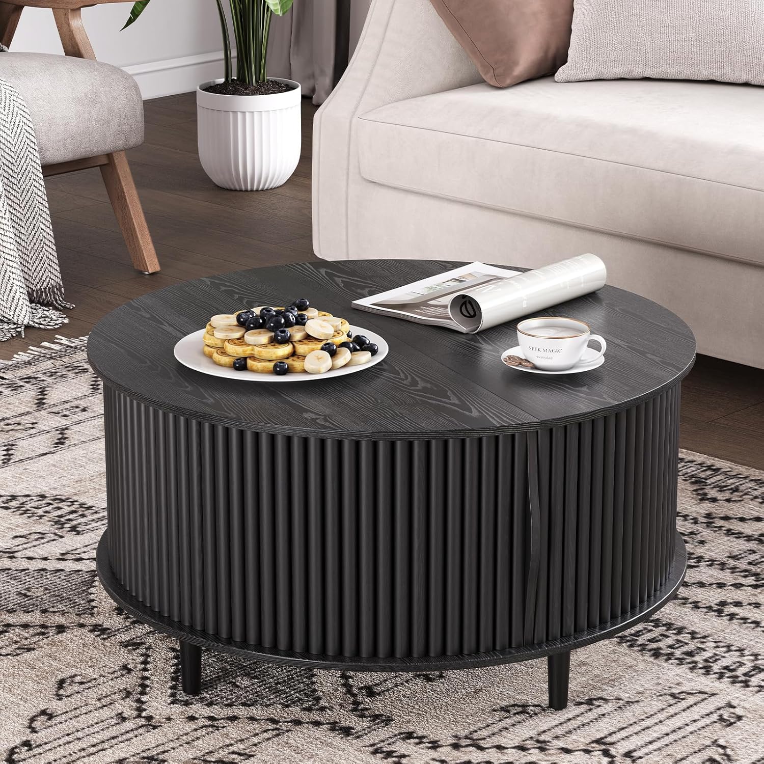 Mid Century Coffee Table with Hidden Storage, Sleek Black Finish
