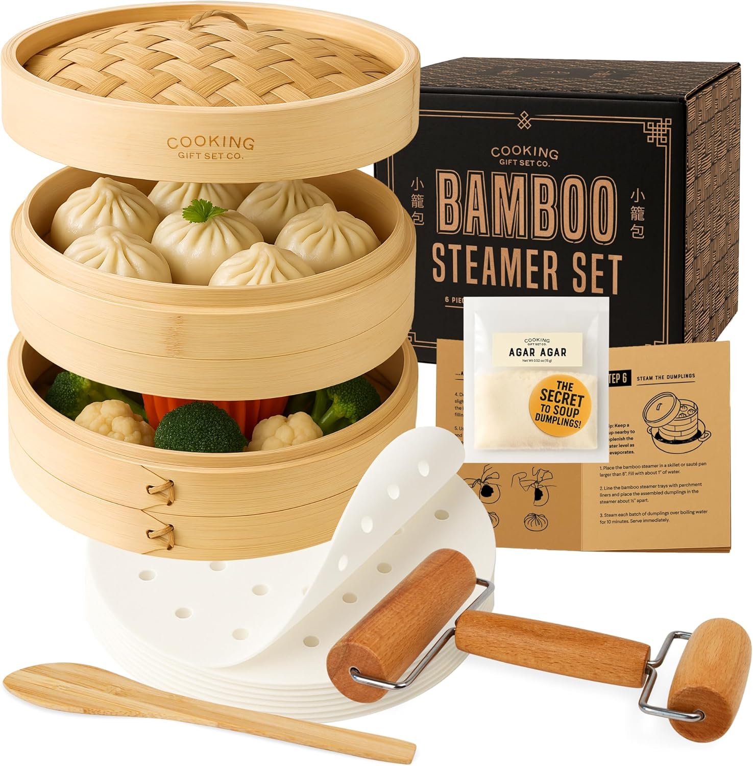 Bamboo Steamer Basket Soup Dumpling Kit - 8-Inch Cooking Set