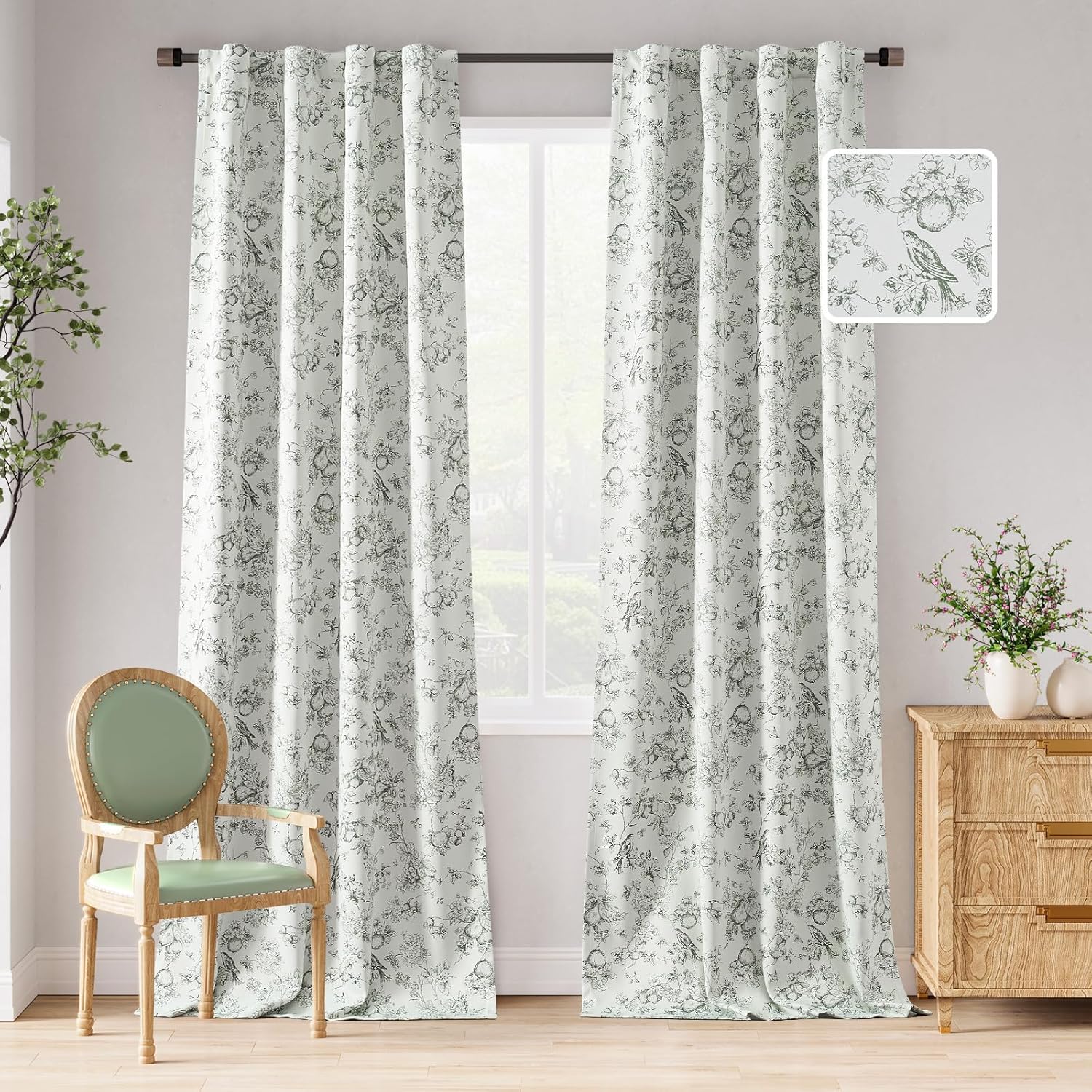 Blackout Floral Curtains for Bedroom - 96 Inch Sage Green Panels