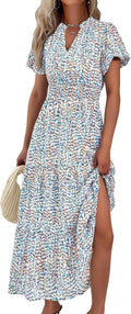 Summer Maxi Dresses for Women V Neck Puff Sleeve Smocked Maxi Women's