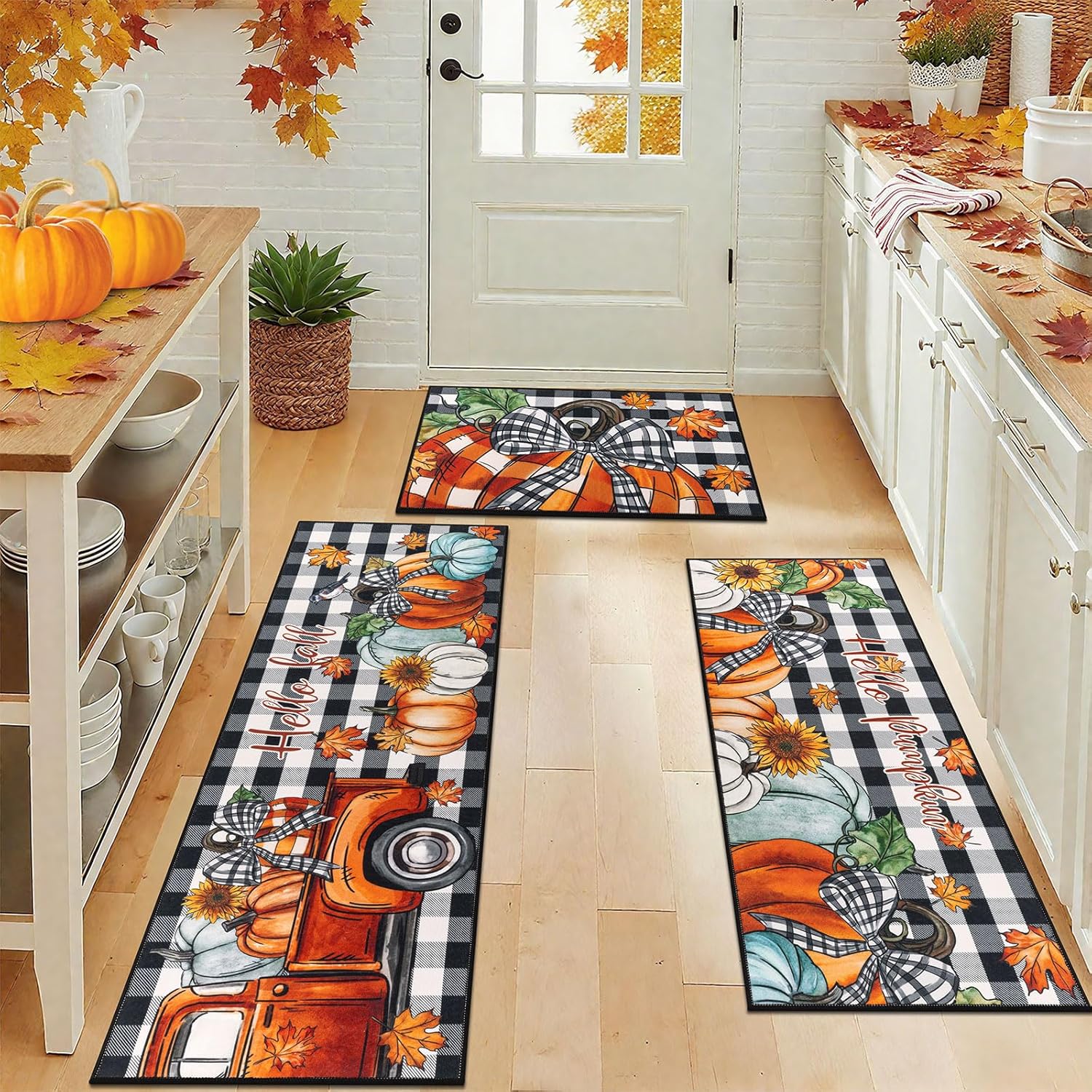 Fall Pumpkin Kitchen Rugs Set of 3 for Farmhouse Decor