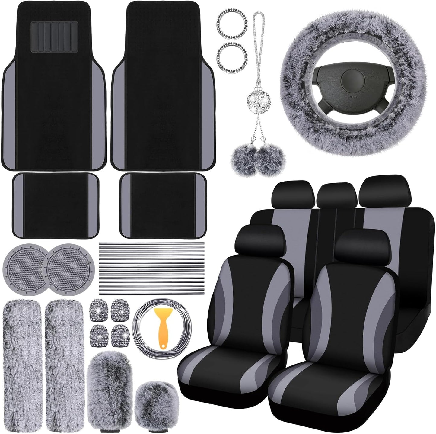 ROCEEI 47 Pcs Car Seat Cover Full Set with Plush Accessories