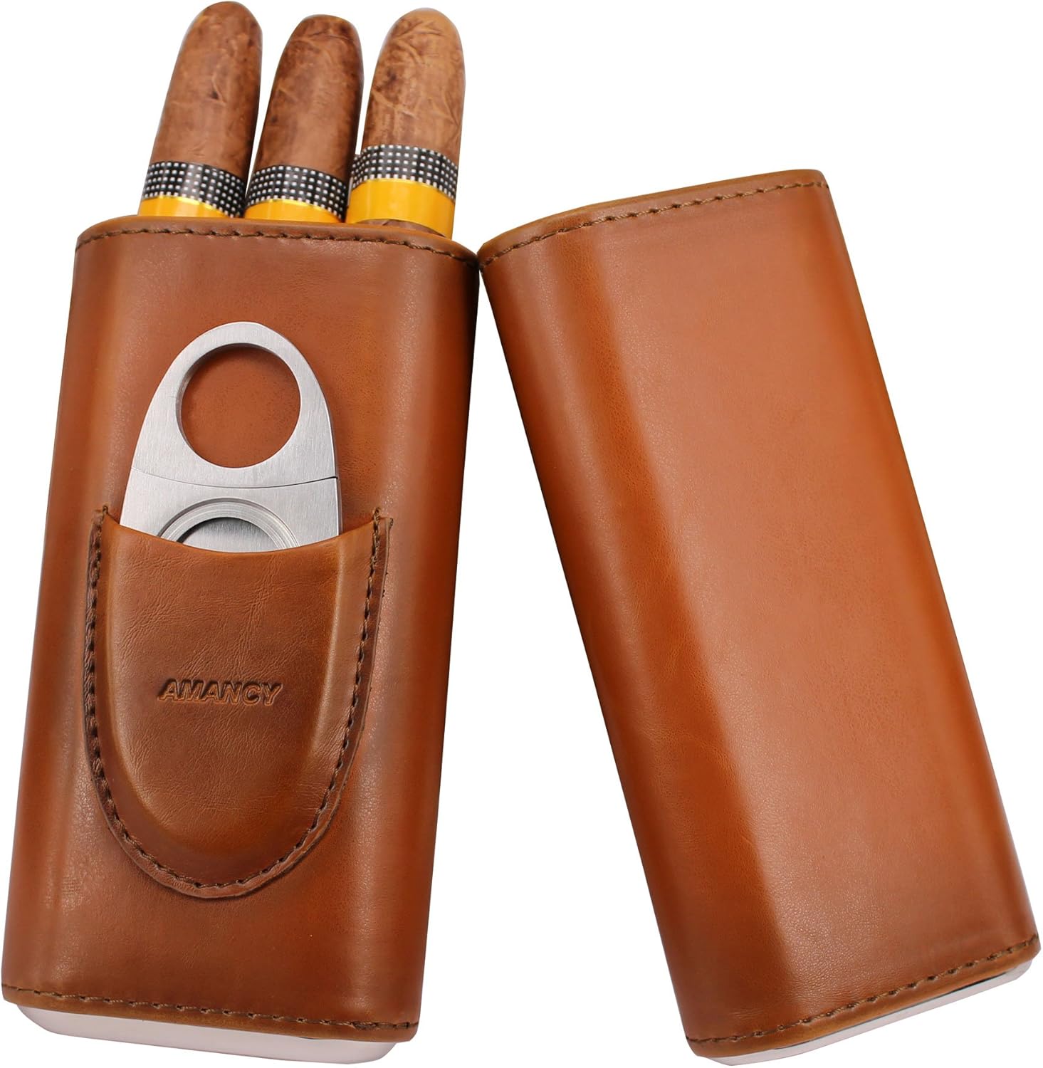 Premium 3-Finger Brown Leather Cigar Case for Cigar Lovers