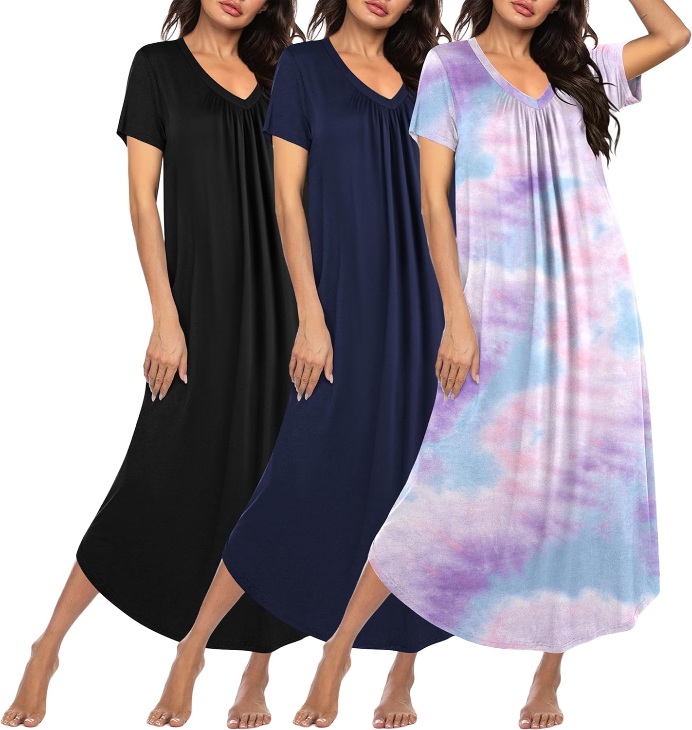 Ekouaer 3 Pack Long Nightgowns for Women Plus Size Comfort