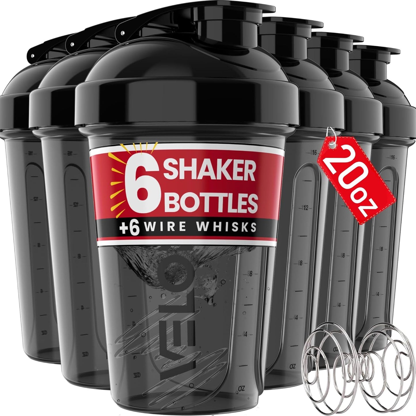 VELOMIX 6-Pack 20oz Protein Shaker Cups - Leak Proof with Wire Whisk - Perfect for Workouts