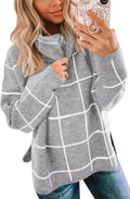 Women Plaid Turtleneck Pullover Sweater - Loose Casual Checked Knit