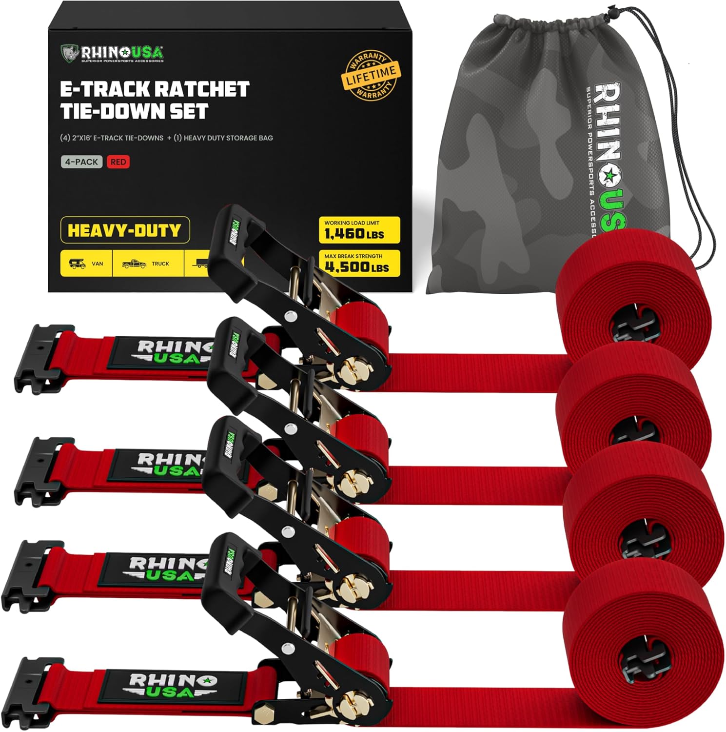 Rhino USA E Track Ratchet Tie Down Straps for Heavy Duty Use