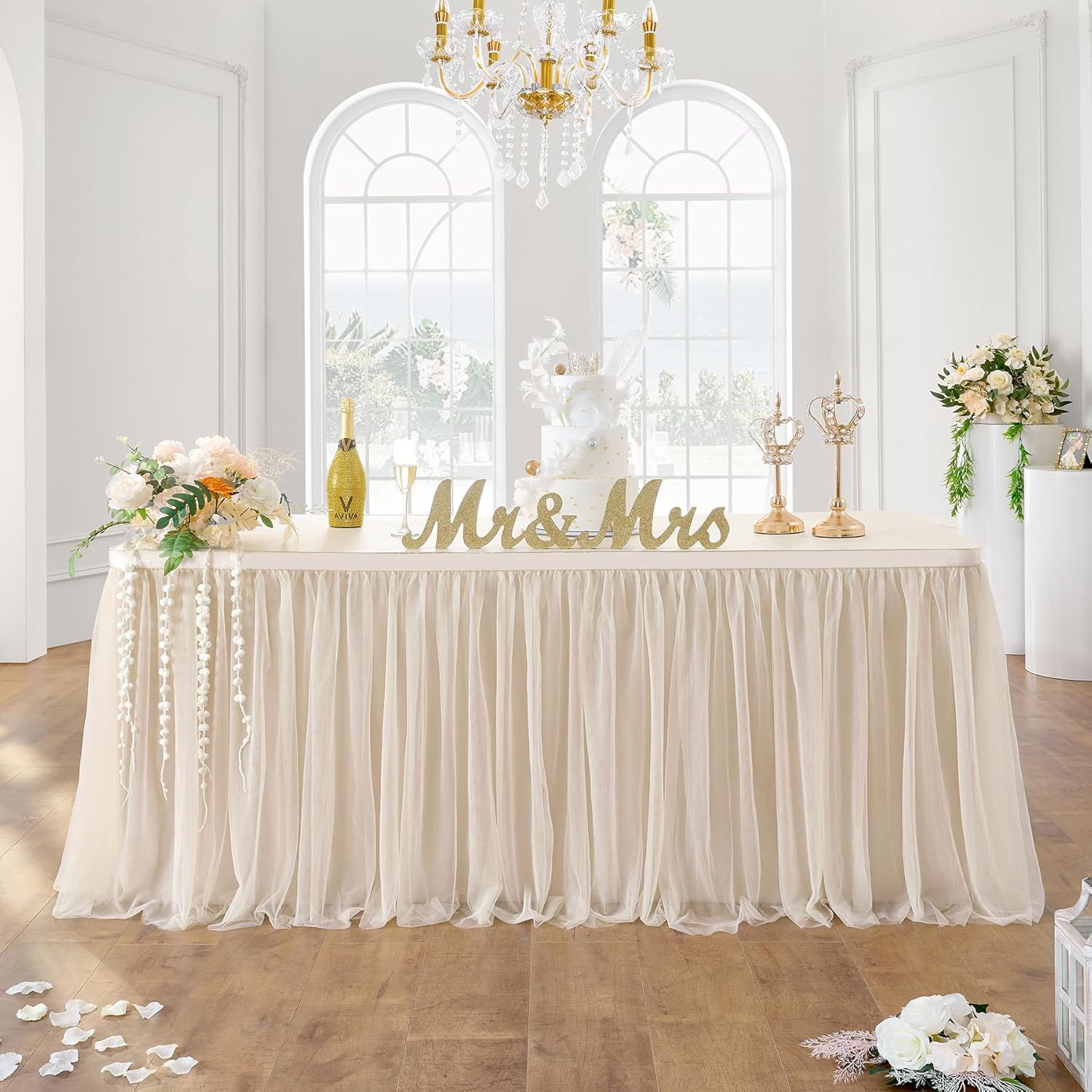 204in Champagne Gold Tulle Table Skirts for Elegant Events