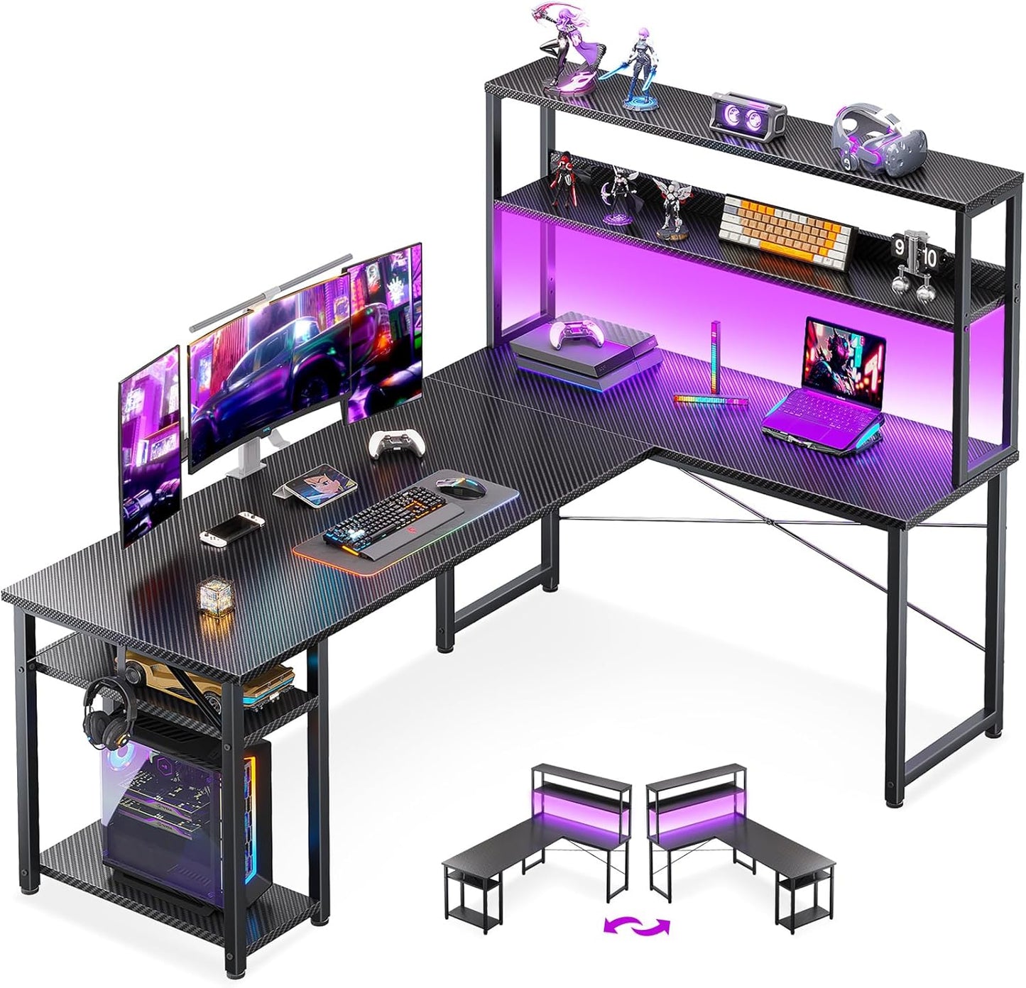 ODK 61 L Shaped Gaming Desk with Hutch & Headphone Hook