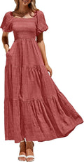 PRETTYGARDEN Puff Sleeve Maxi Dress Square Neck - Flowy Beachwear