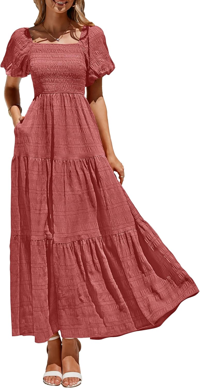 PRETTYGARDEN Womens Summer Puff Sleeve Maxi Dress for Beach
