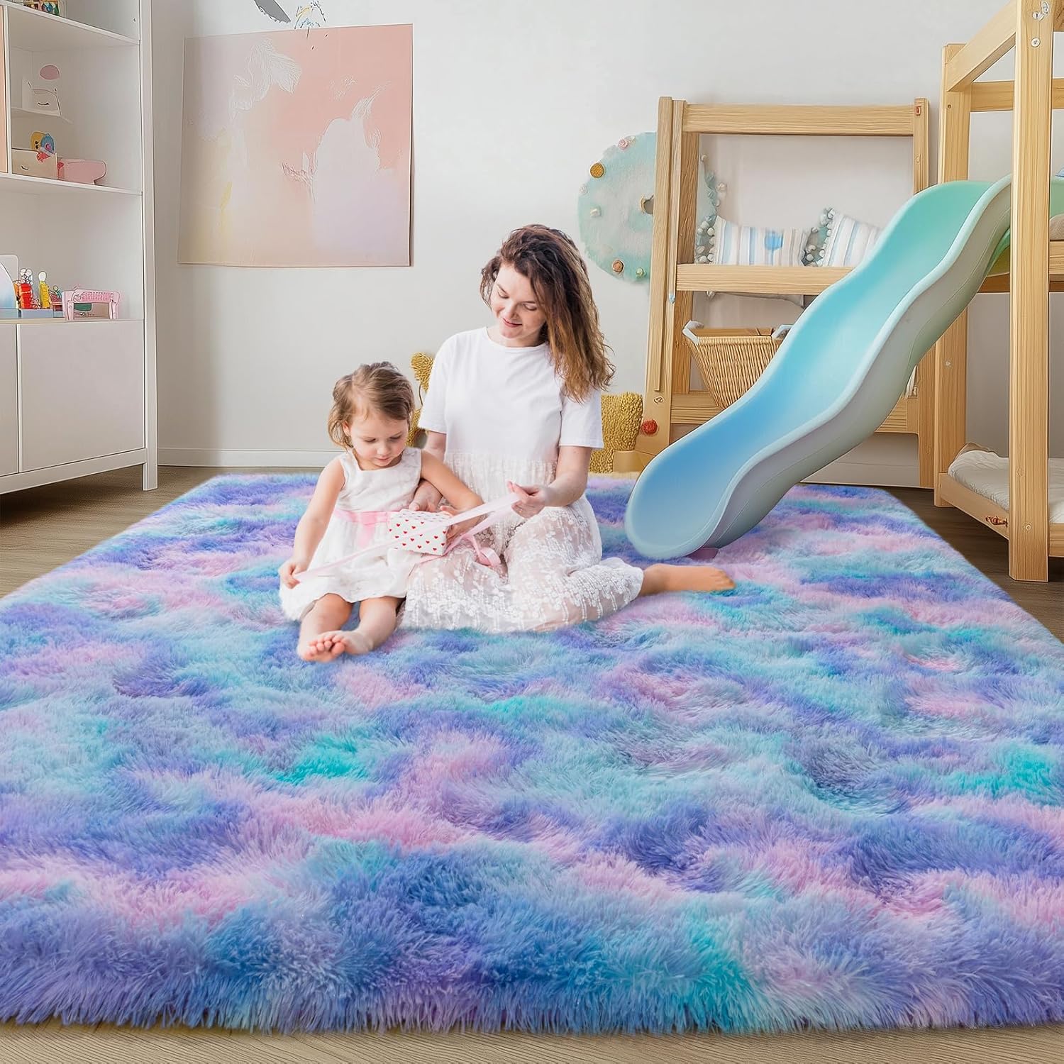 Ultra Soft Rugs for Living Room 6x9 Purple Rainbow Shag Carpet