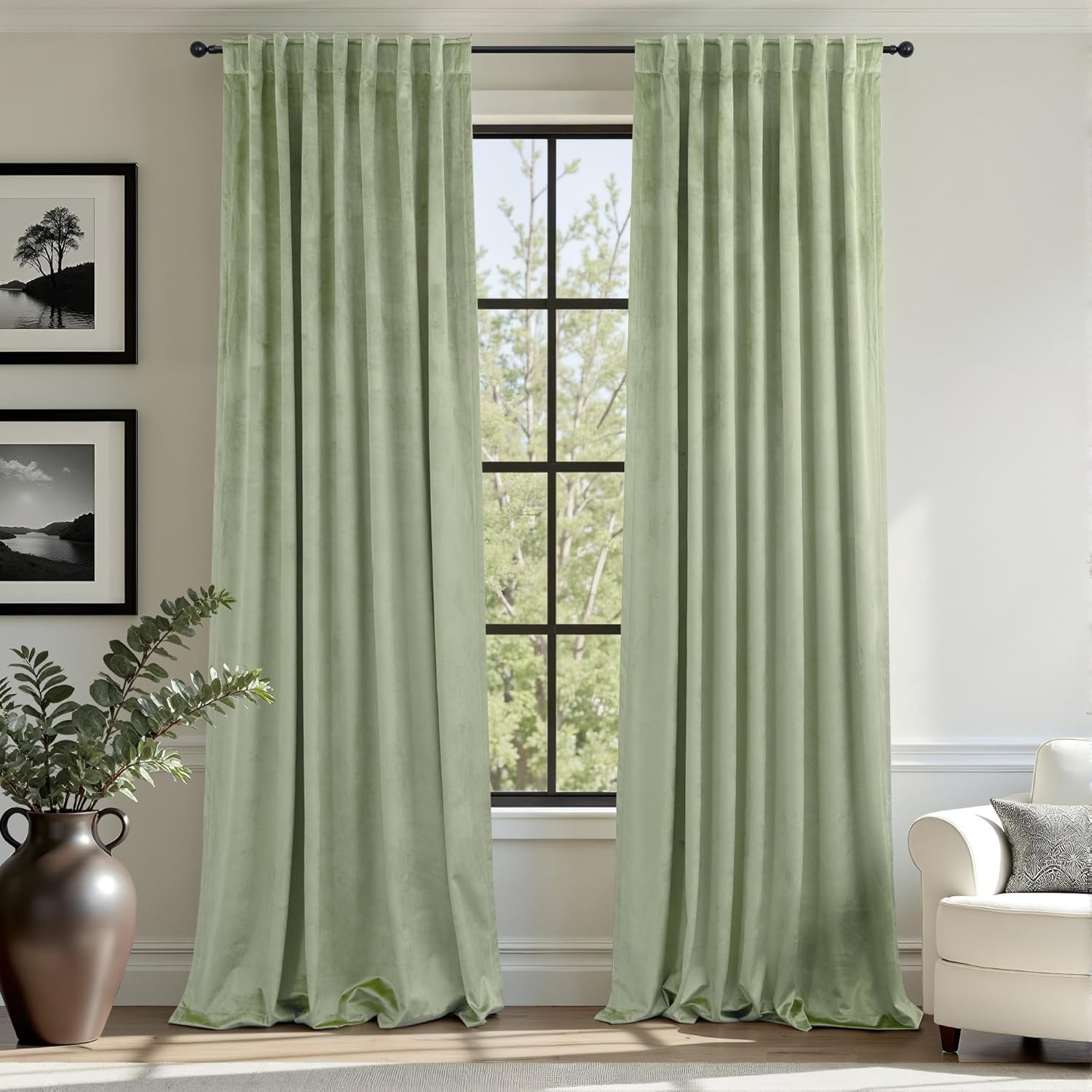 Sage Green Boho Velvet Curtains 90 Inches Long for Elegant Spaces