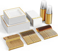 Gold Rim Disposable Dinnerware Set for 50 Guests - 350 Ct
