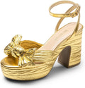 Women's Chunky Platform Heels Sandals with Pleated Bow - Comfortable