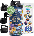 National Parks Water Bottle with 3 Lids & 63 Stickers - 32oz Insulated
