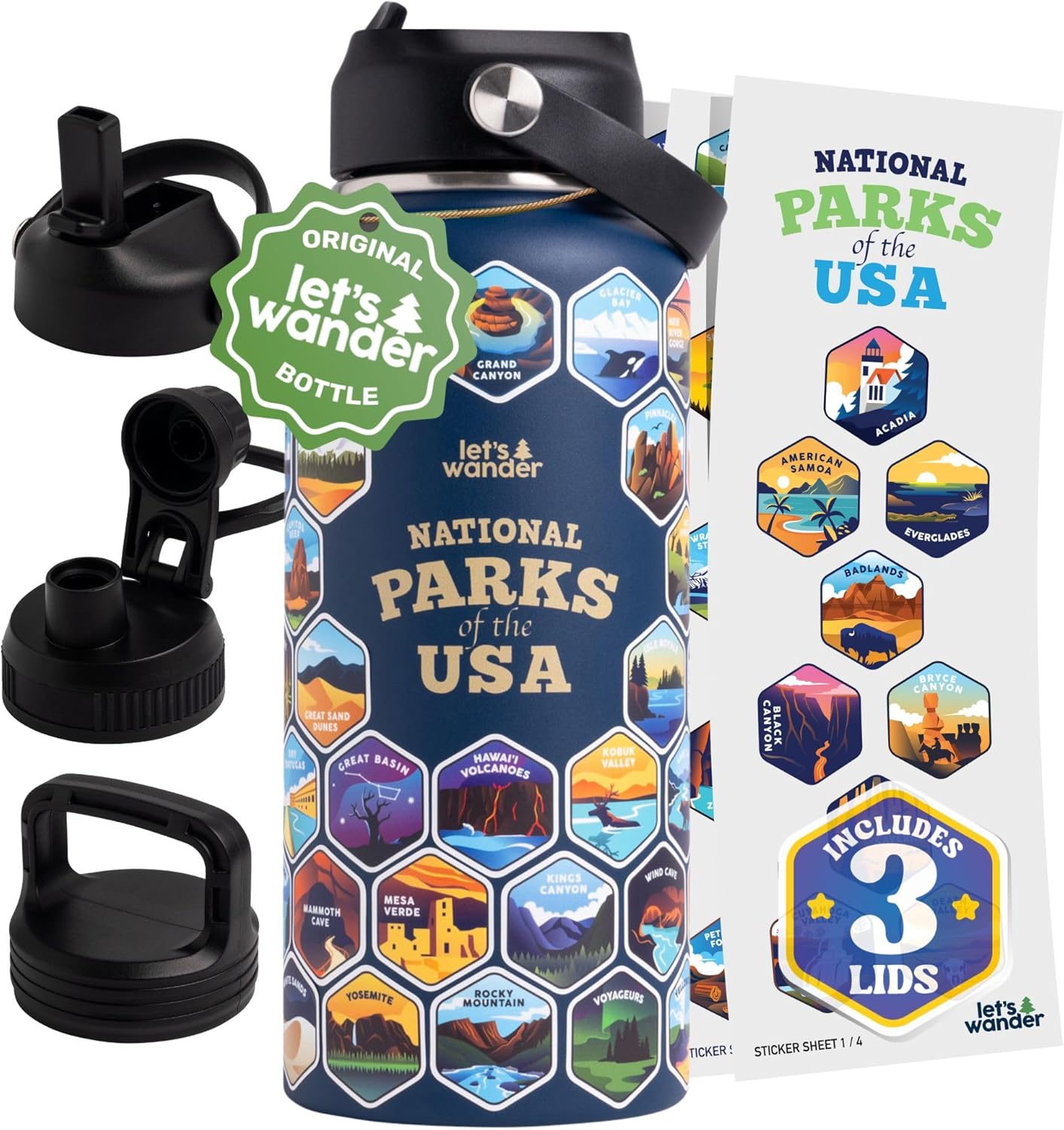 National Parks Water Bottle with 3 Lids & 63 Stickers - 32oz