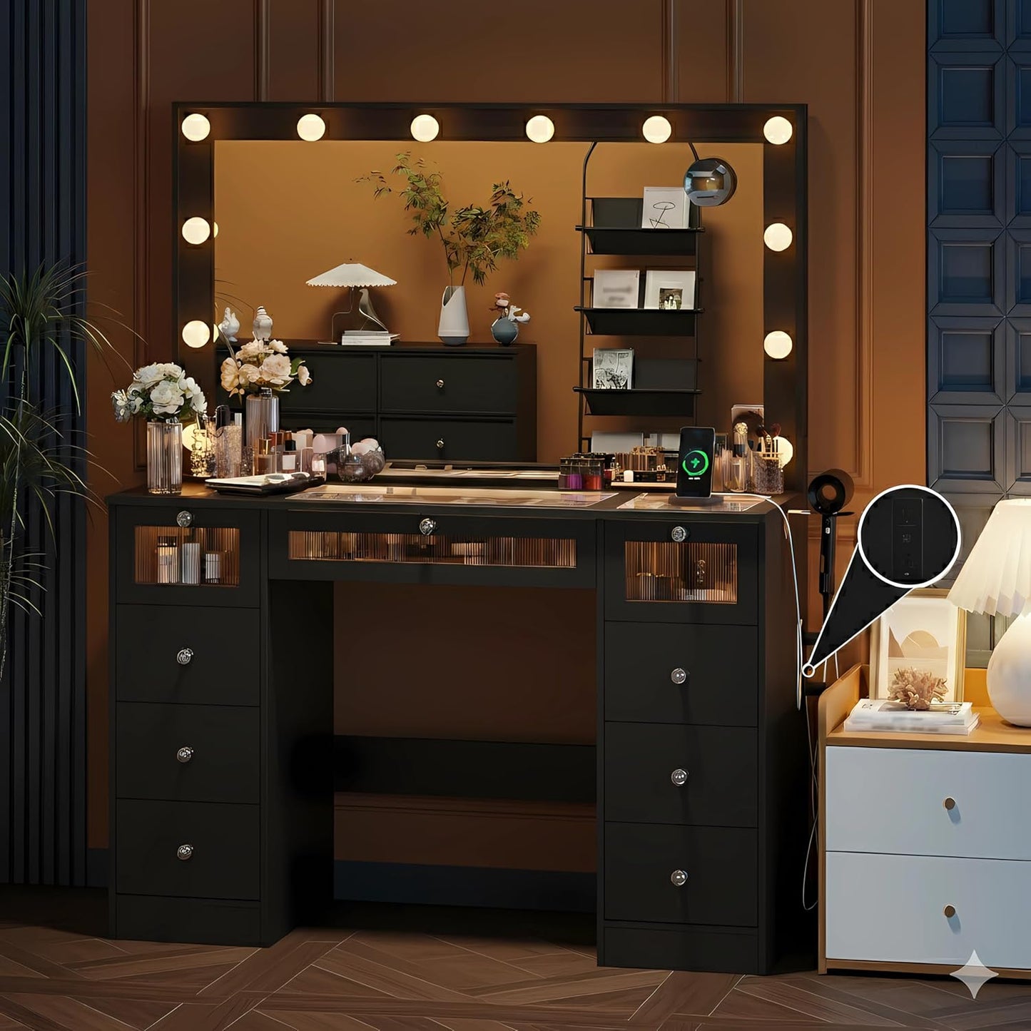 Black Vanity with Lighted Mirror and Stylish Glass Top Design