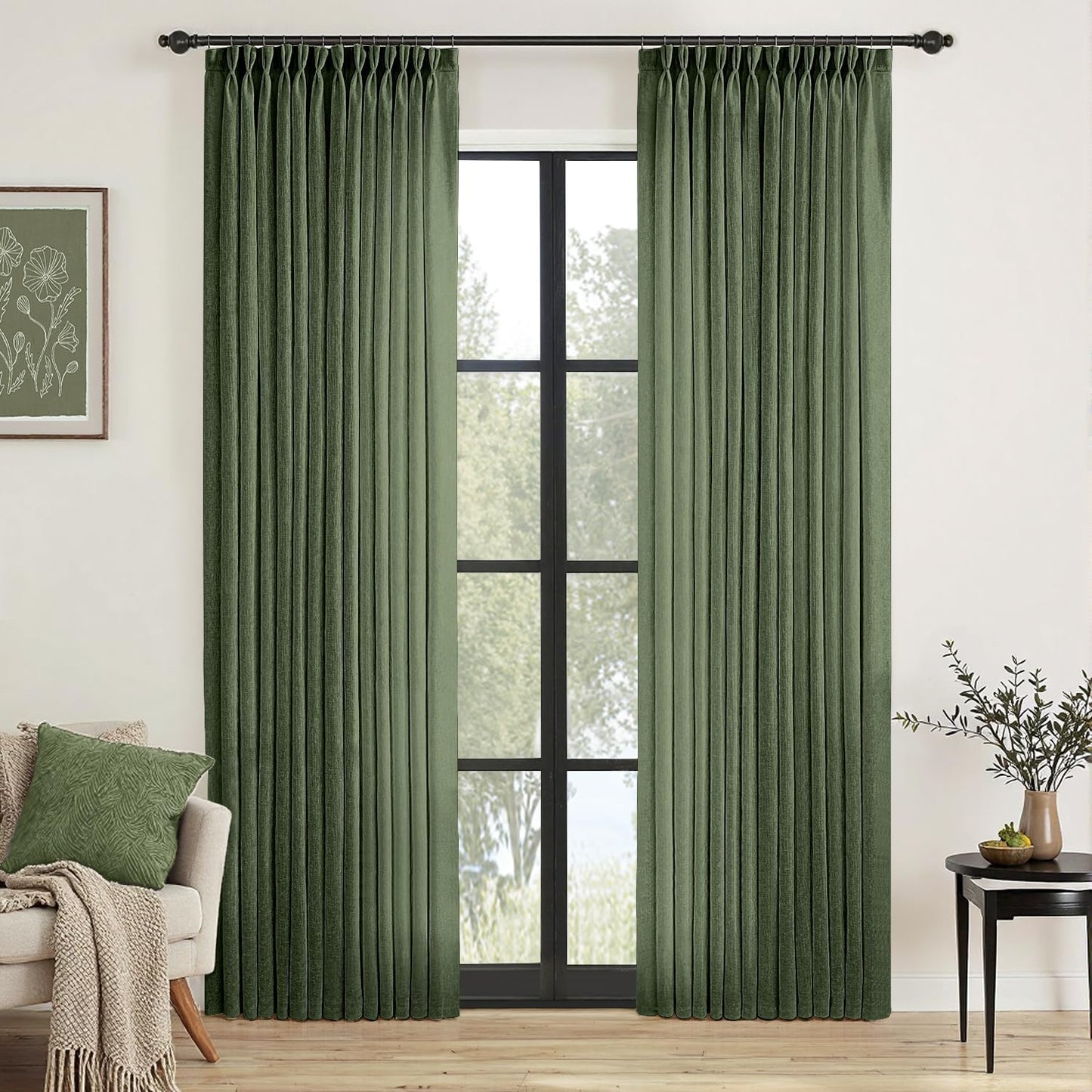 MIULEE Pinch Pleated Olive Green Linen Curtains for Home Decor
