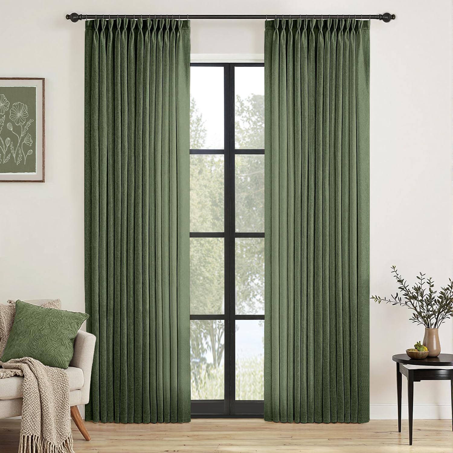 MIULEE Pinch Pleated Olive Green Linen Curtains for Home Decor