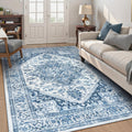 Blue Washable Area Rug 5x7 - Low-Pile Retro Tribal Accent