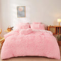 Fluffy Faux Fur Pink Comforter Cover Set Queen - Ultra Soft Plush