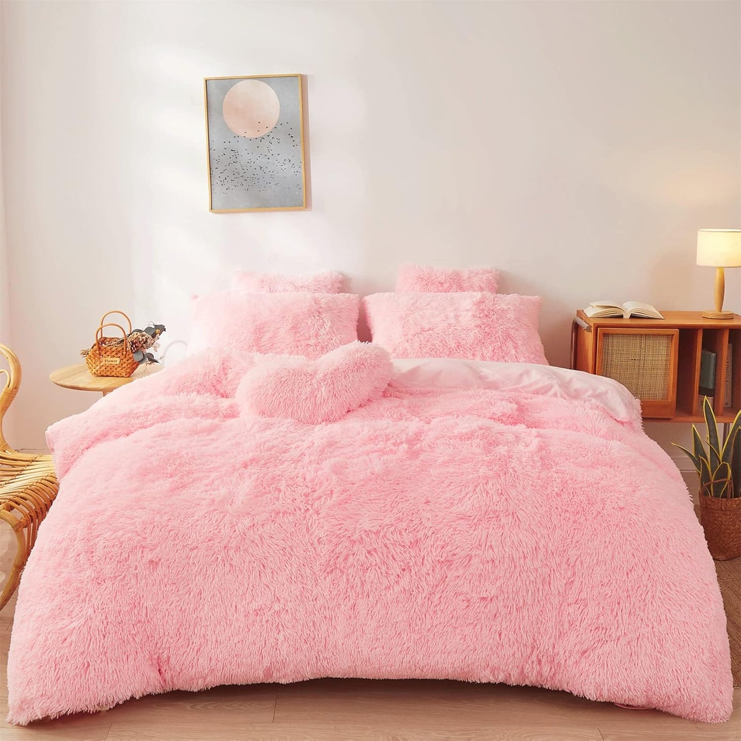 Fluffy Faux Fur Pink Comforter Cover Set Queen - Soft Plush Bedding
