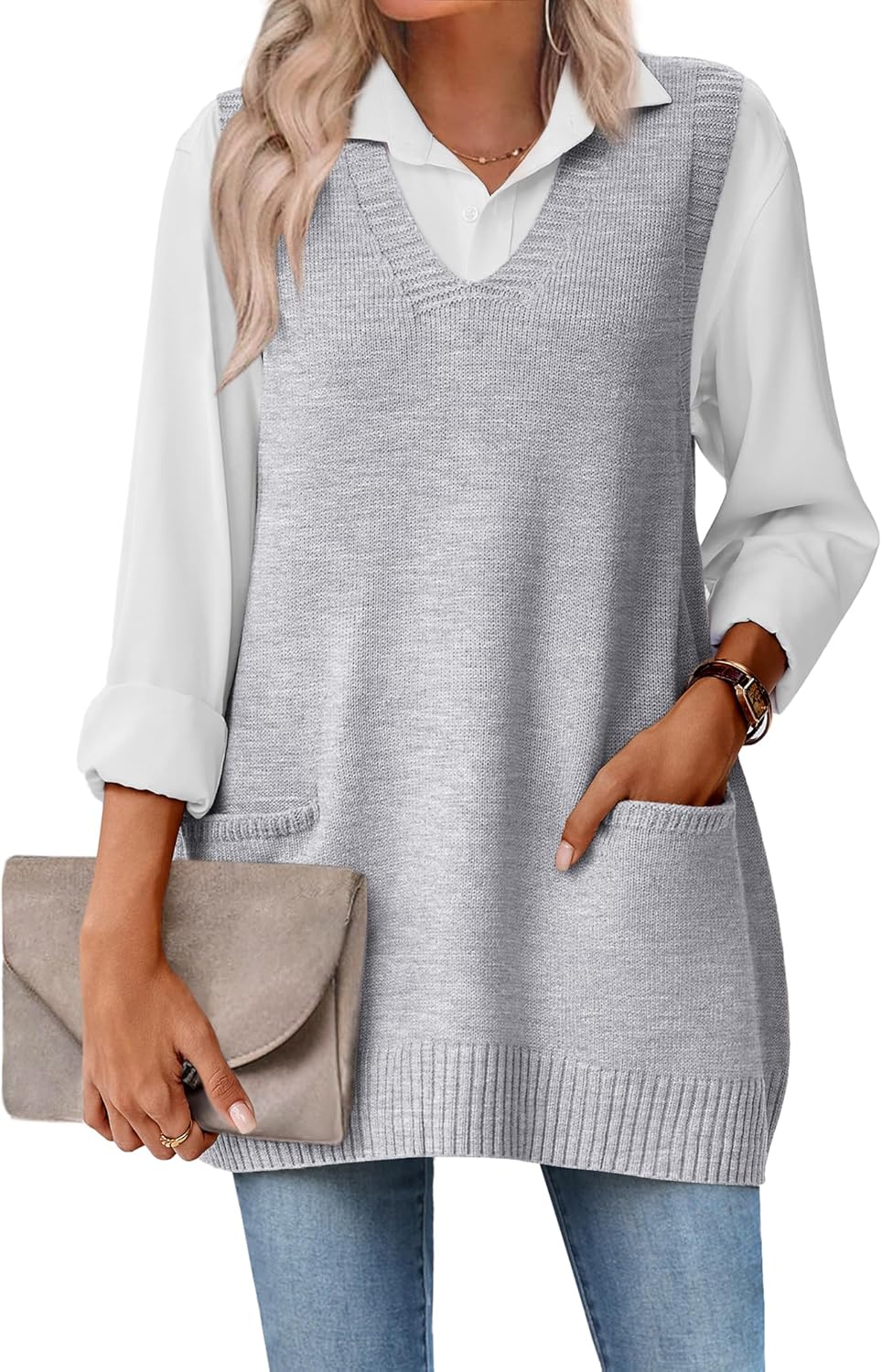 Zeagoo Women's Oversized V Neck Sweater Vest with Pocket