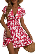 TORARY Womens Floral Cap Sleeve Wrap V Neck Ruffle A-Line Sun Dress