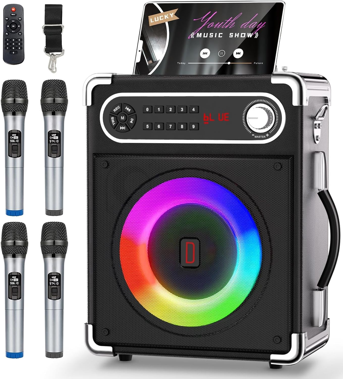 Portable Karaoke Machine, 4 Wireless Mics, Bluetooth Speaker, Party Lights