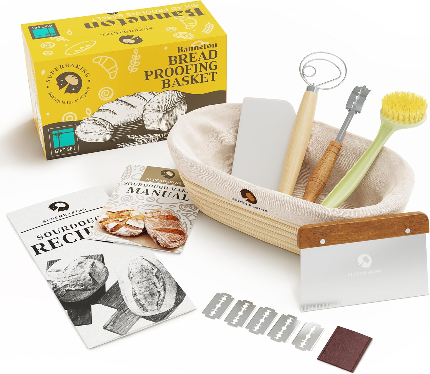 Superbaking 10in Oval Banneton Bread Proofing Basket Gift Set