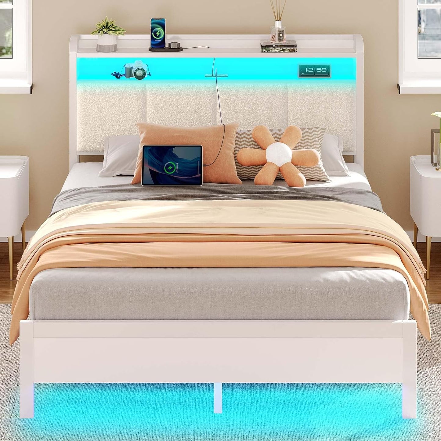 Rolanstar Full Size Bed Frame with LED Lights and Charging Station