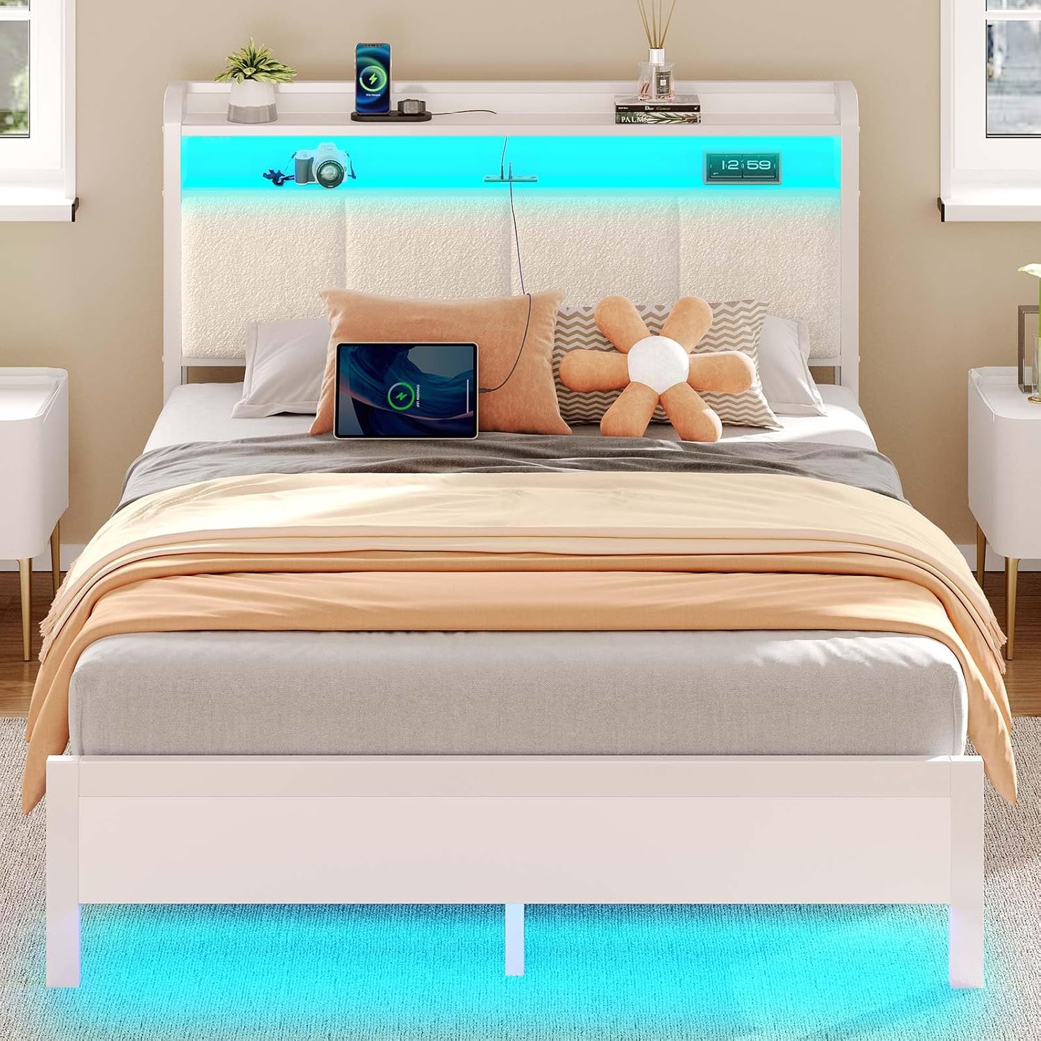 Rolanstar Full Size Bed Frame with LED Lights and Charging Station
