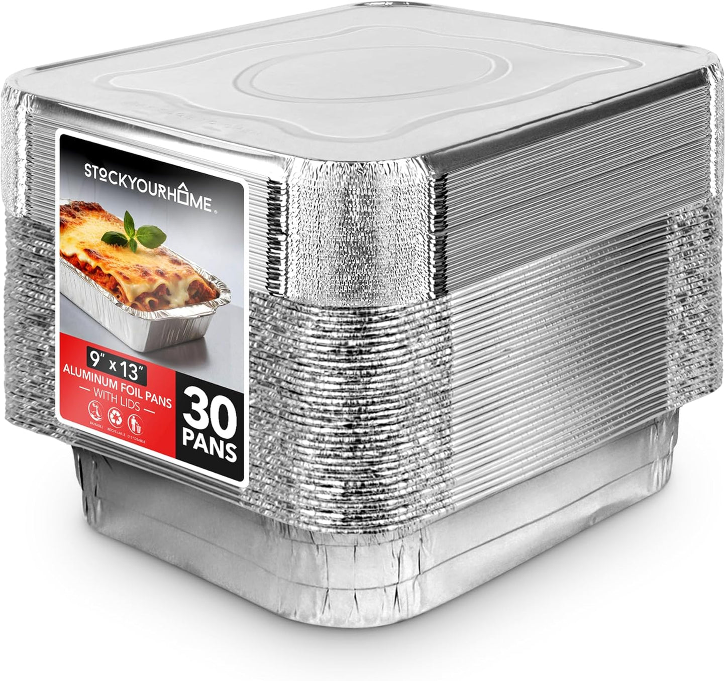 Heavy Duty 9 x 13 Disposable Aluminum Pans with Lids Set of 30