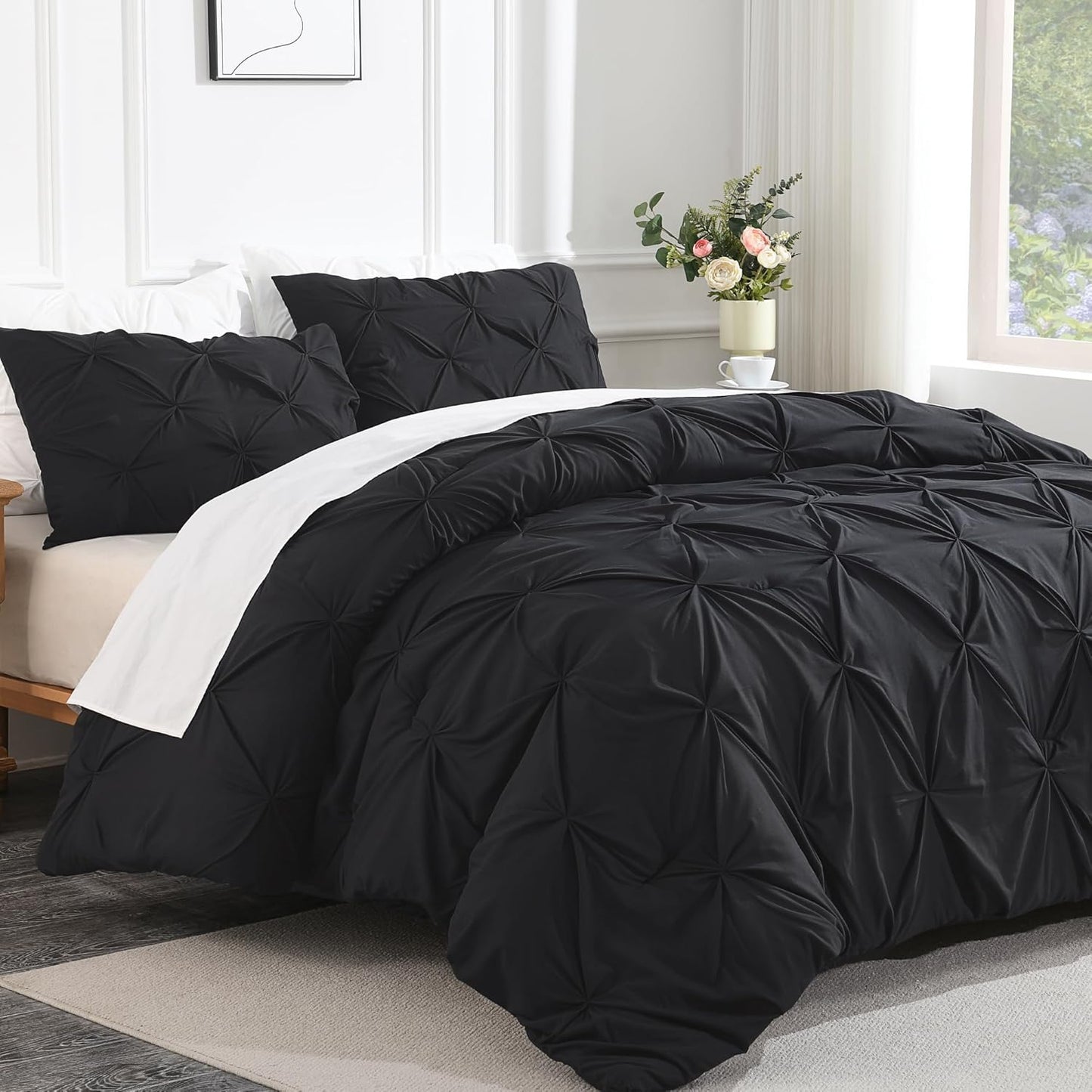 Andency Black Pinch Pleat Comforter Set for Queen Size Beds