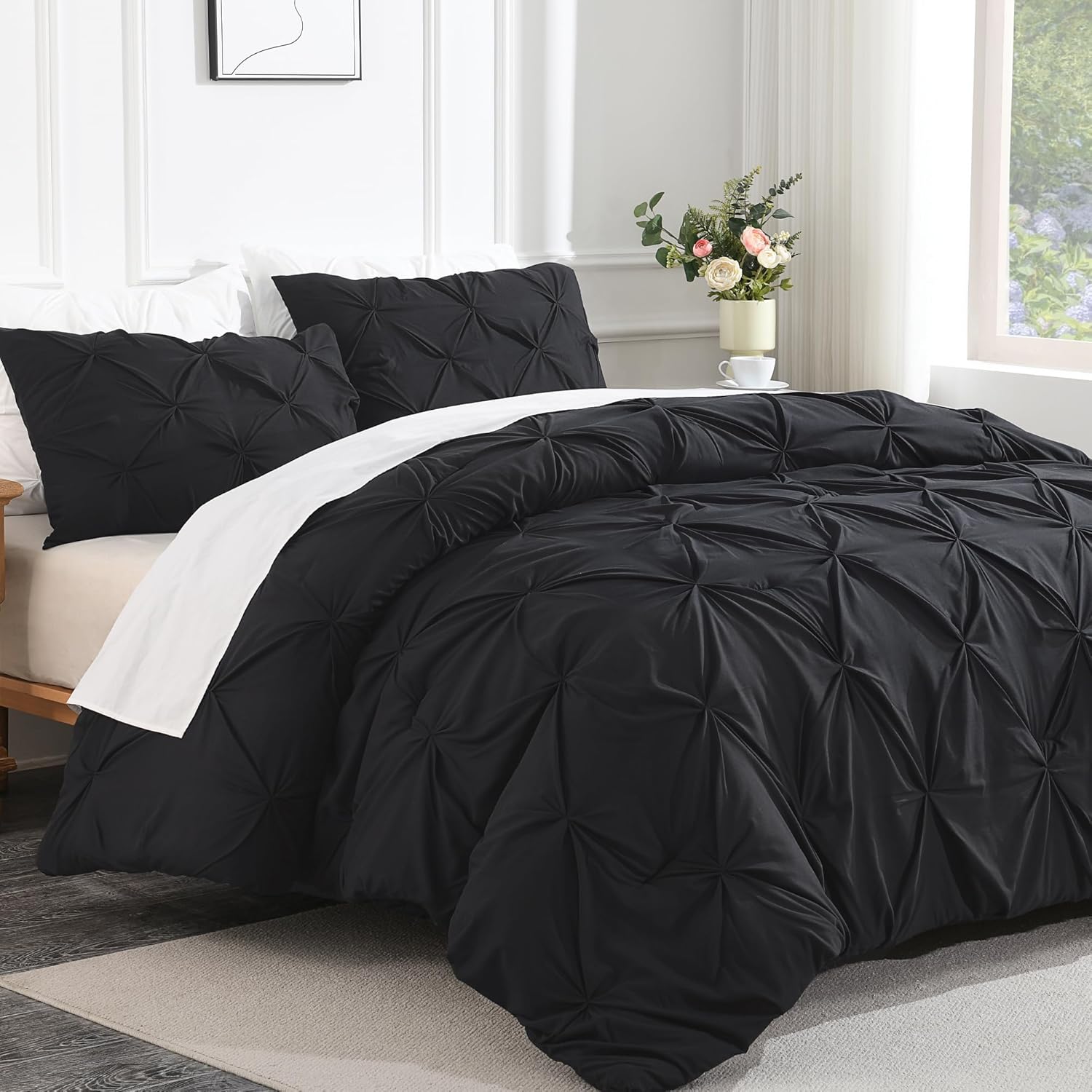 Andency Black Pinch Pleat Comforter Set for Queen Size Beds