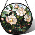 Stained Glass Suncatcher Light Pink Flowers Green Leaf - 15 in