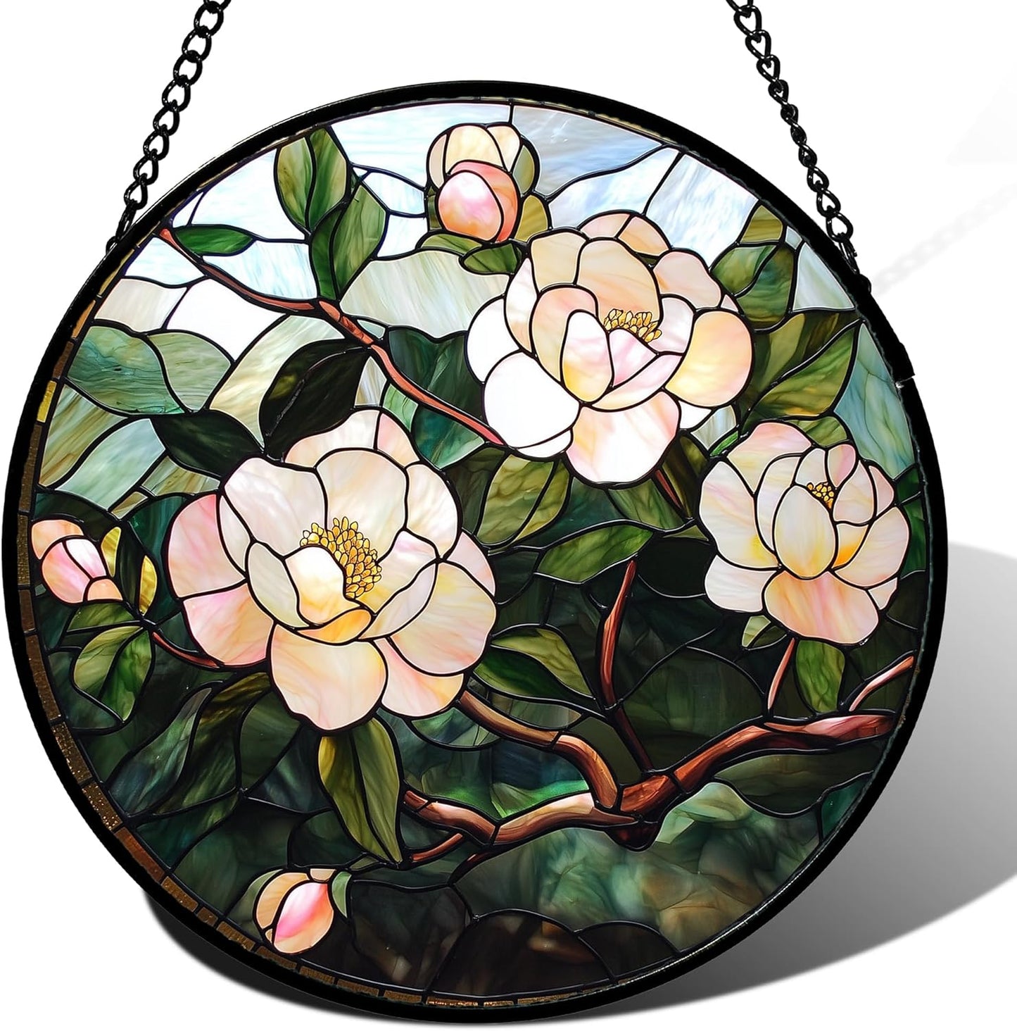 Stained Glass Suncatcher with Light Pink Flowers and Green Leaves