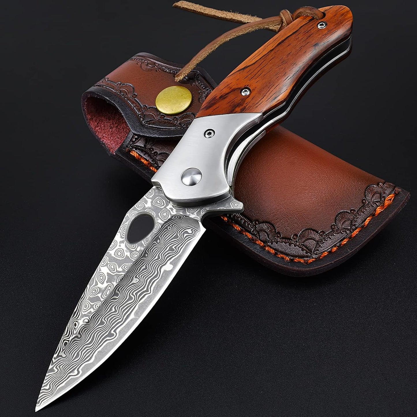 KOMWERO Damascus Pocket Knife for Men - VG10 Steel Folding Knife