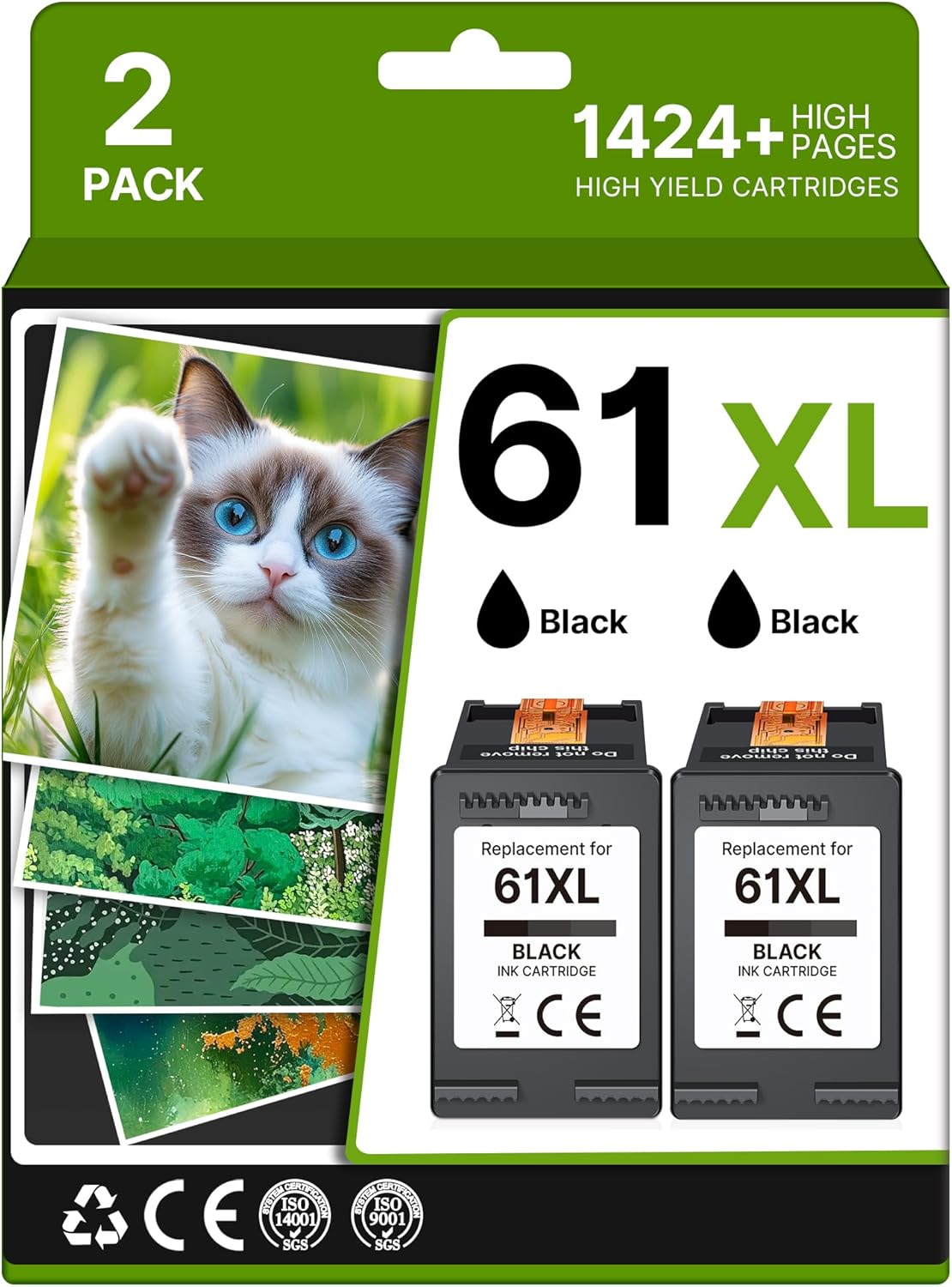 61XL Black Ink Cartridge Replacement for HP Printers - 2 Pack